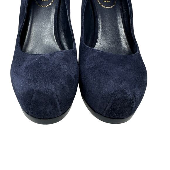 YSL Saint Laurent Tribute Pumps Womens 38.5 US 8.5 Navy Suede Platform Stiletto - Picture 5 of 12